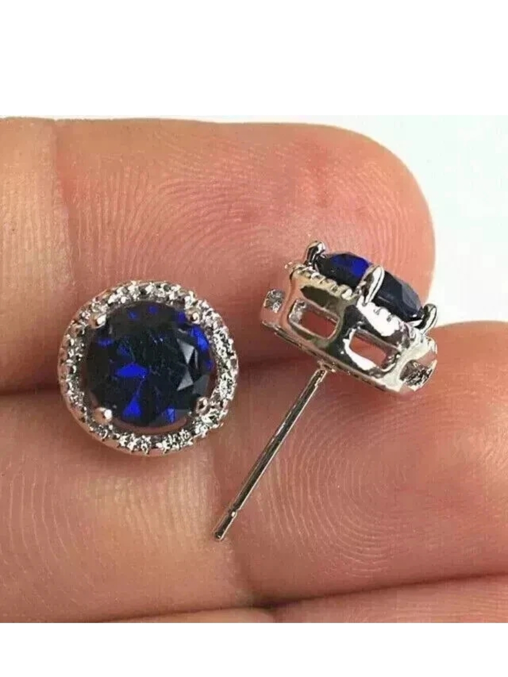 Blue Crystal Halo Stud Earrings - Women Jewelry - Picture 4 of 5